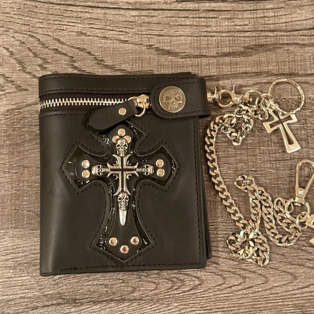 Goth Skull Cross Wallet w/ Chain Black Biker Emo Punk Zip Coin Bill Pocket